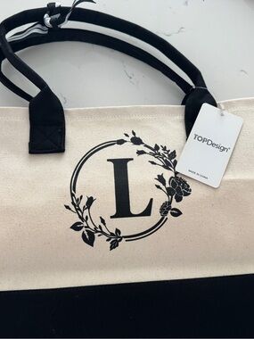 Canvas Tote Bag in Cream and Black with Floral Monogram Accent